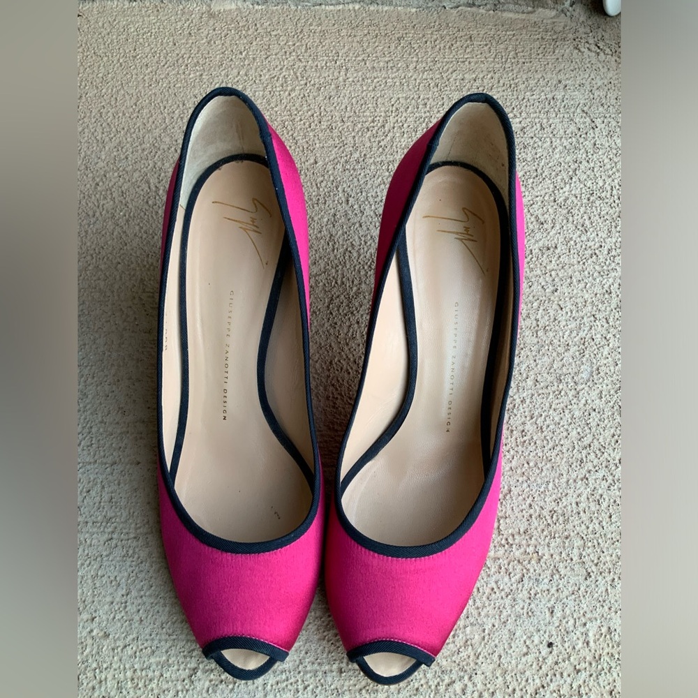 GIUSEPPE ZANOTTI Pink Black Satin Women's Peep Toe Pumps Heels Size 10 - Picture 11 of 15